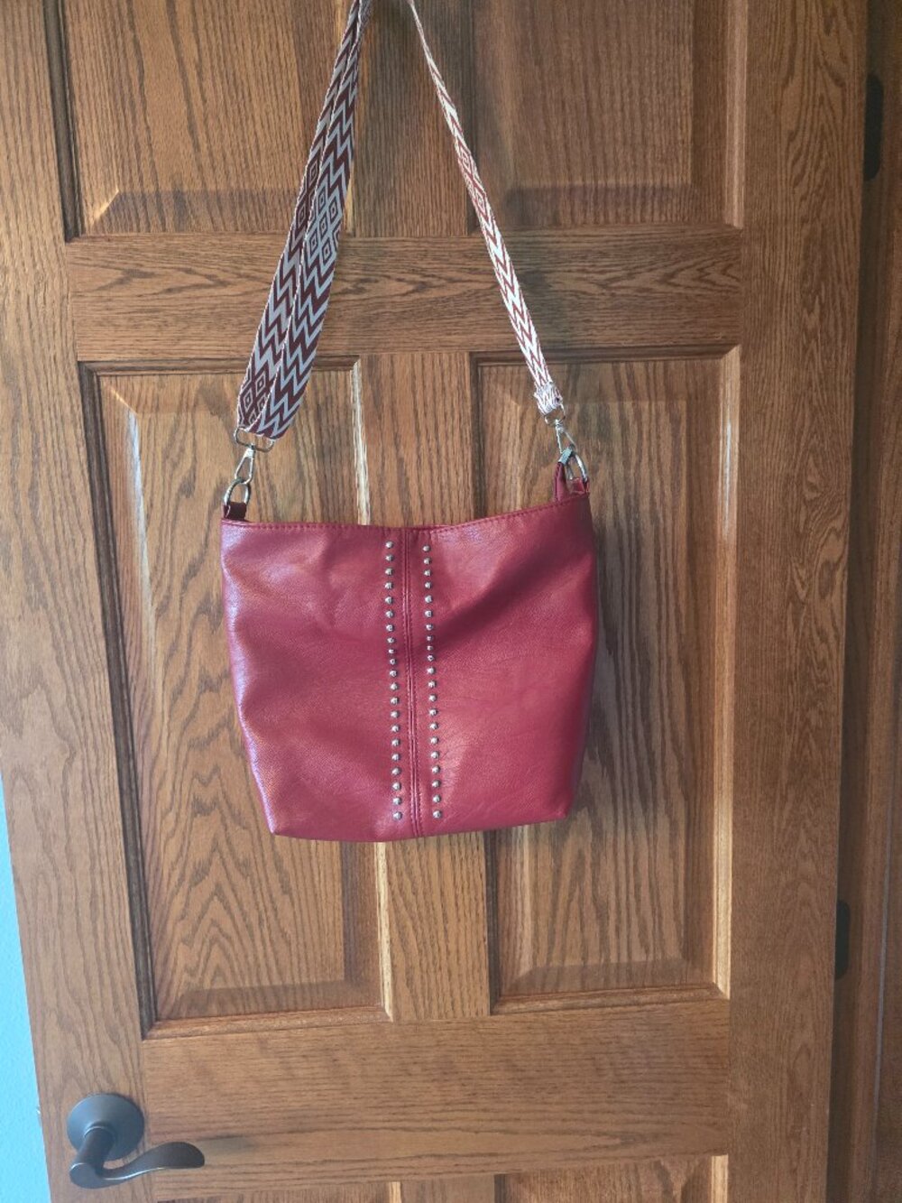 Red Soft Vinyl Bucket Purse with Studs & Woven Strap